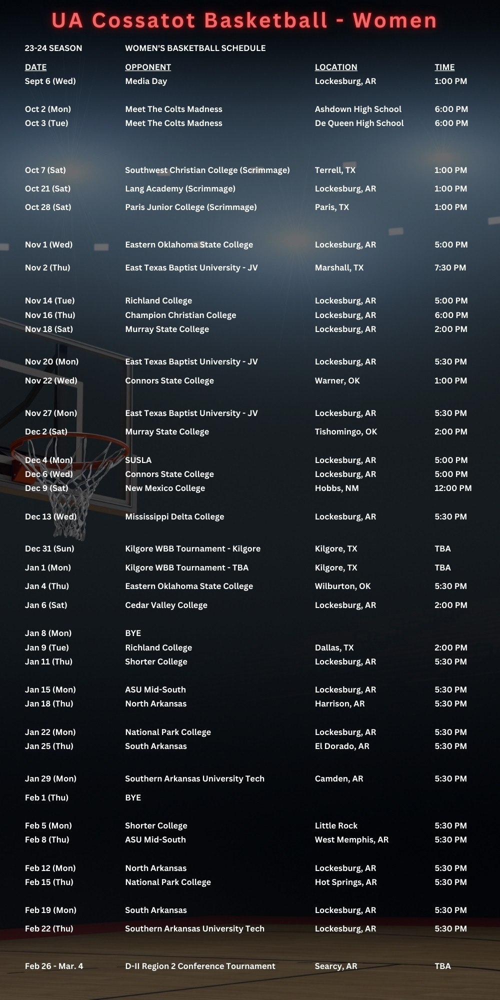Women Basketball Schedule 23-24