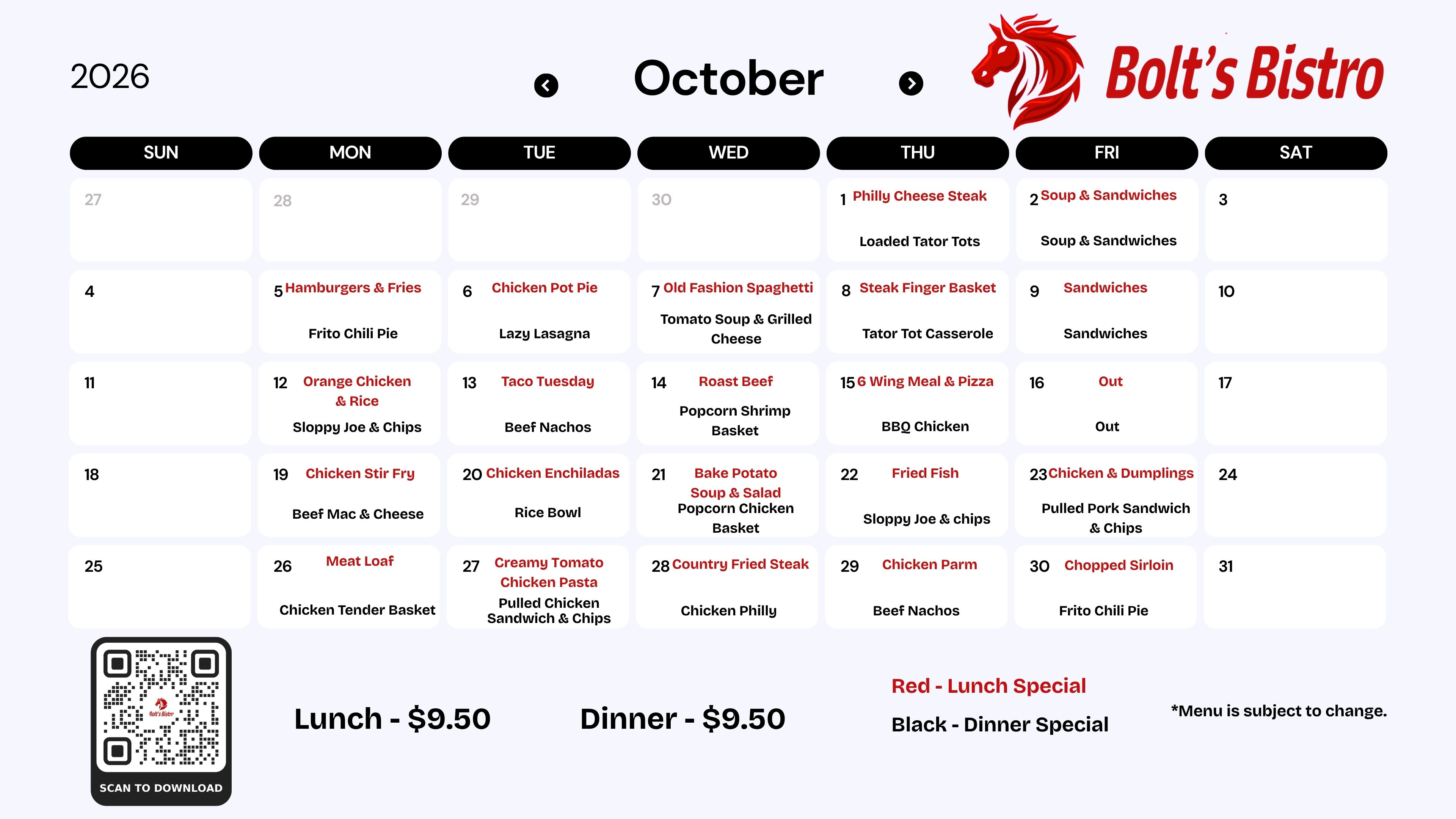 October Menu 2026